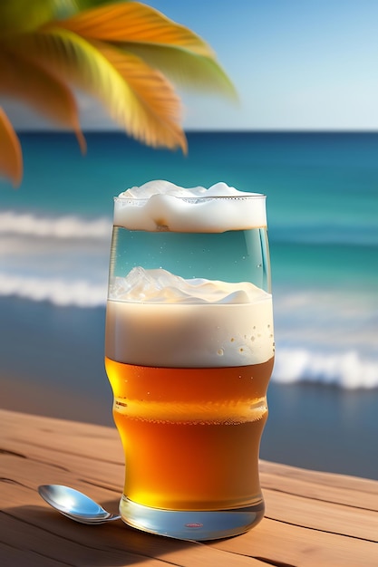 Bière sur table en bois avec fond de plage flou