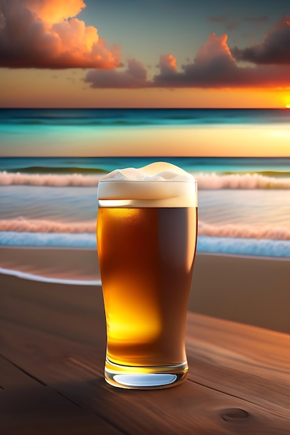 Bière sur table en bois avec fond de plage flou