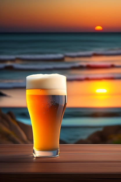 Bière sur table en bois avec fond de plage flou