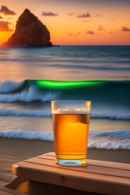 Bière sur table en bois avec fond de plage flou