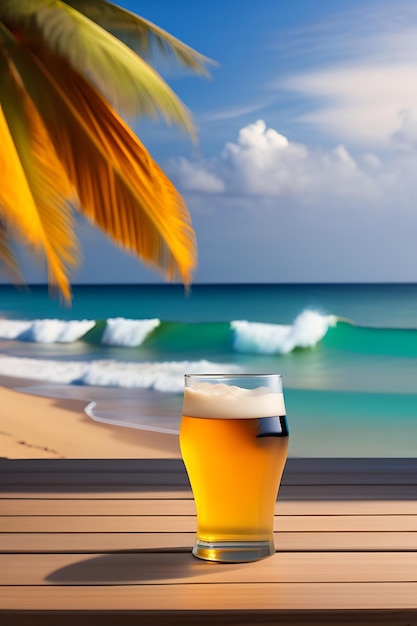 Bière sur table en bois avec fond de plage flou