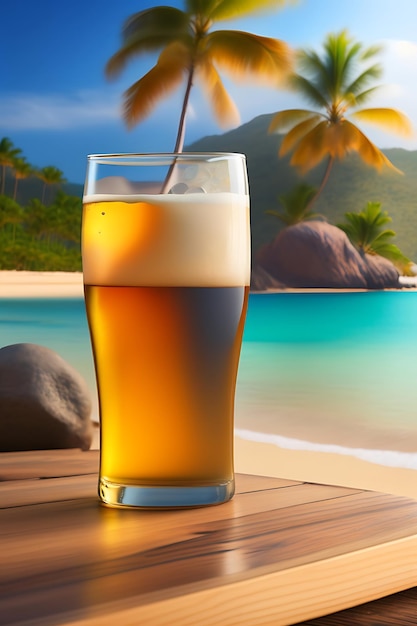 Bière sur table en bois avec fond de plage flou