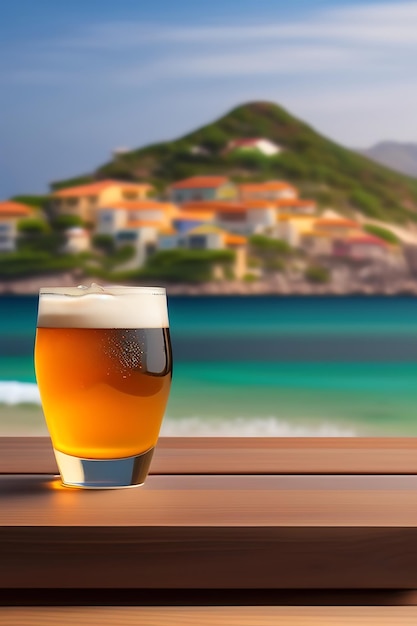 Bière sur table en bois avec fond de plage flou