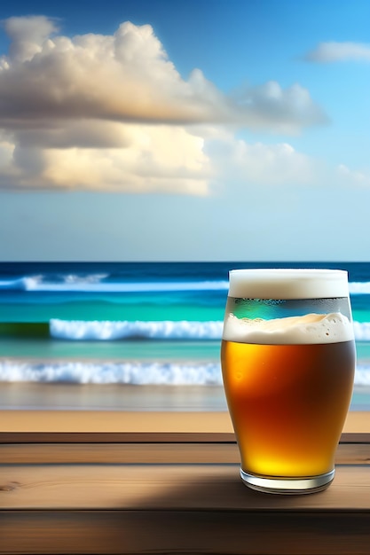 Bière sur table en bois avec fond de plage flou