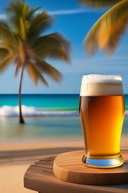 Bière sur table en bois avec fond de plage flou