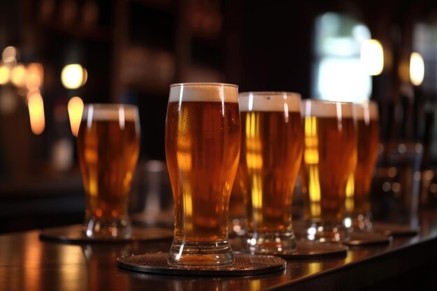 La bière tirée dans des verres sur un fond flou d'un bar animé créé avec l'IA générative