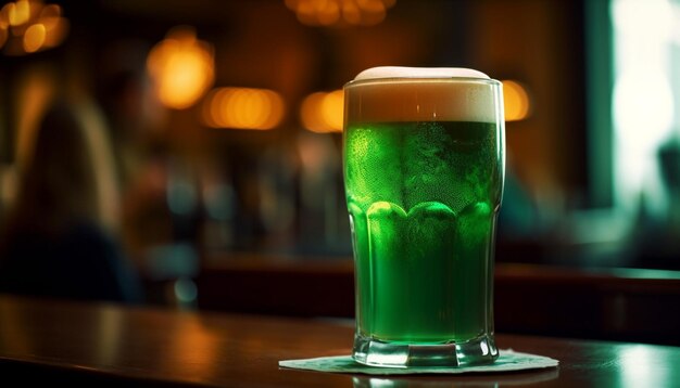 Une bière verte dans un verre sur un bar