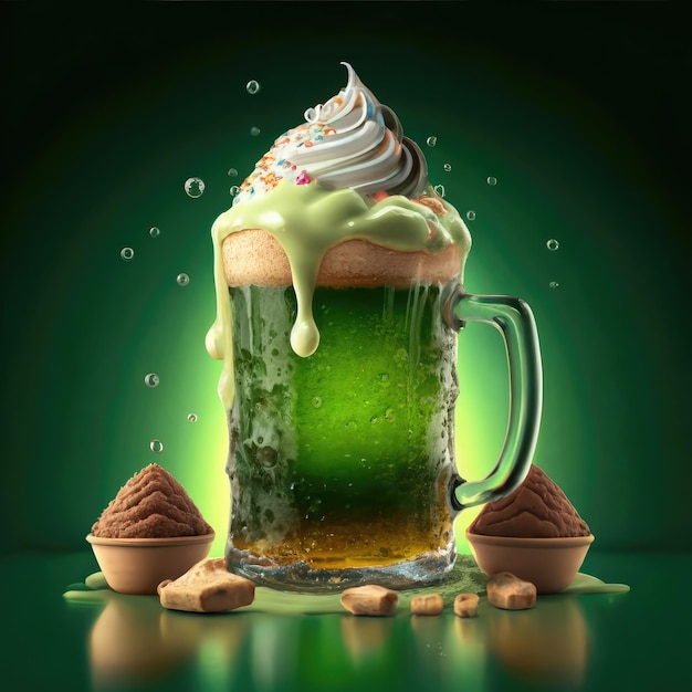 bière verte gratuite avec crème glacée sur fond vert illustration 3D