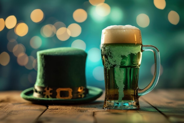 Bière verte de la Saint-Patrick sur une IA générative de table verte