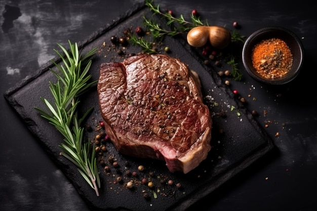 Bifteck de faux-filet grillé herbes et épices sur une table sombre