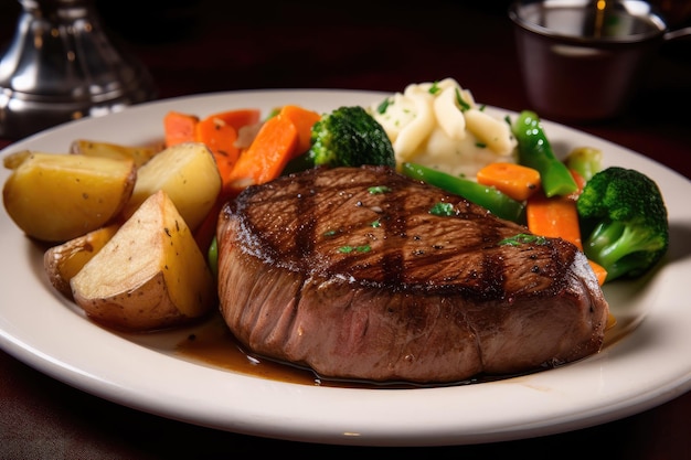 Bifteck de filet saisi et juteux à l'intérieur garni de pommes de terre et de légumes assaisonnés