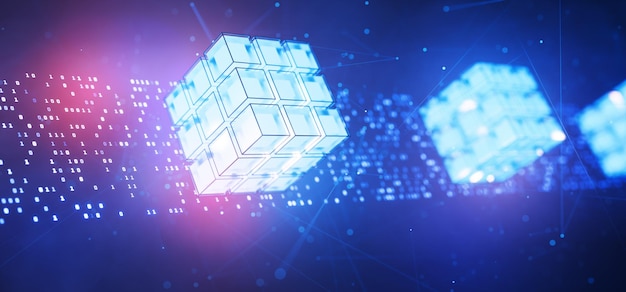 Big data Code binaire Attaque par un pirate informatique Blockchain Intelligence artificielle Arrière-plan technique abstrait Bloc de données Cube avec code binaire Code informatique Technologies numériques AI Rendering 3D