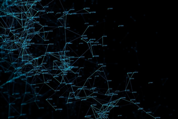 Photo big data et concept d'analyse commerciale avec des lignes numériques bleues et des numéros de données sur fond sombre rendu 3d