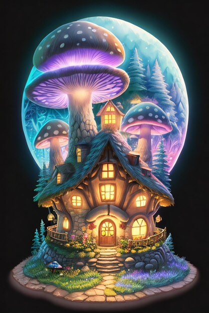 Big Mushroom House Fairy TaleNight Lights MagicIllustration réalisteun village de montagne magique