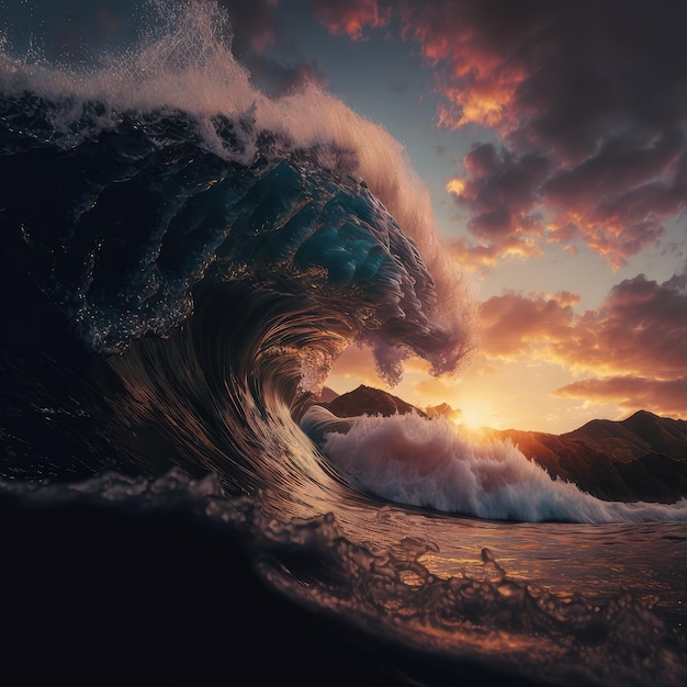 Big Sea Wave Surf Concept Vagues de l'océan au coucher du soleil Big Sunny Sea Wave Abstract Generative AI Illustration