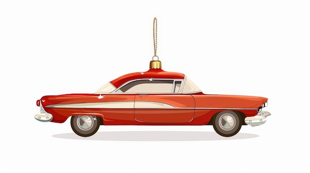 Un bijou vintage en forme de voiture rétro sur un vieux arbre de Noël de style des années 60 Un vieux jouet des années 60 et un ornement de transport automobile Illustration moderne sur fond blanc