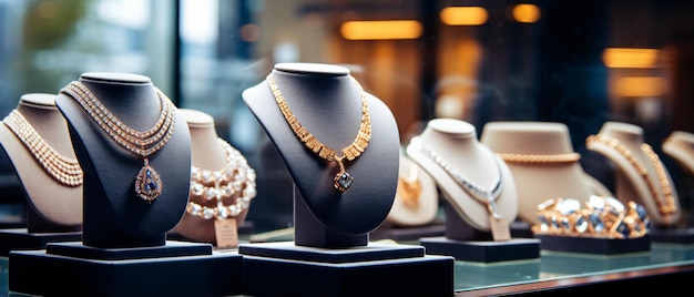 Photo bijoux, bagues et colliers en diamant exposés dans une salle de luxe