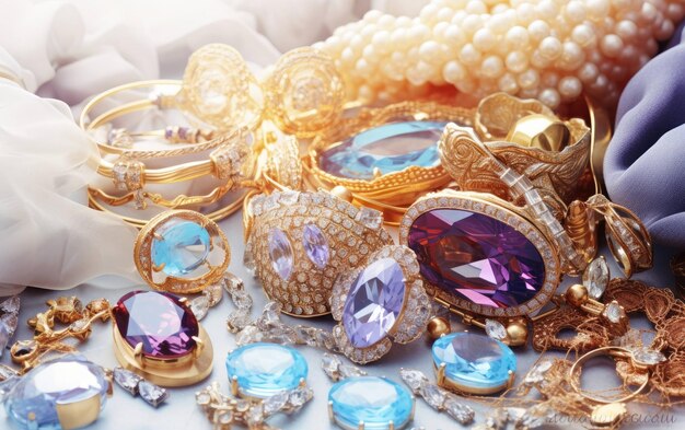Des bijoux exquis et des pierres précieuses exposés au bazar des trésors étincelants
