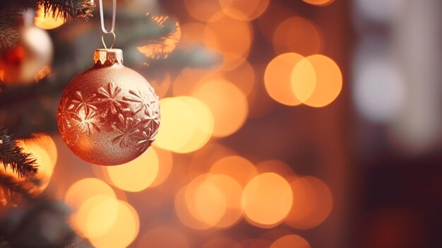 des bijoux de Noël sur un arbre de Noël flou