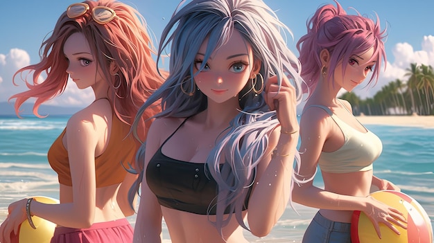 Bikini Fun on the Beach Anime et vibrations japonaises Kawaii dans des illustrations numériques