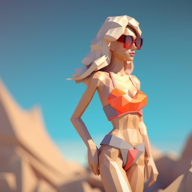 Bikini LowPoly 3D Femme sur une plage d'été