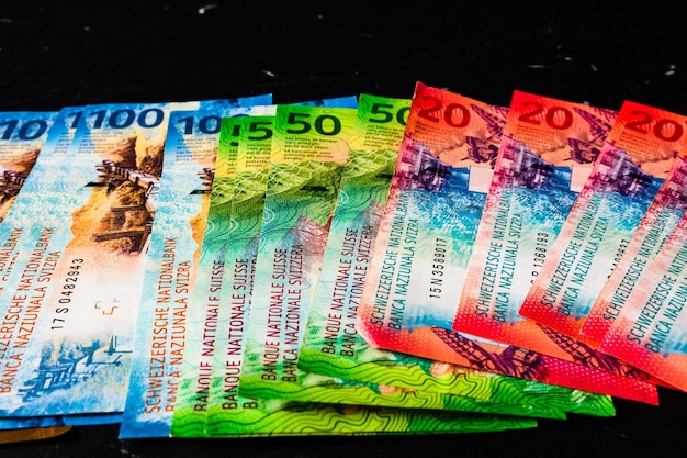 Billet de banque en franc suisse monnaie CHF concept monétaire mondial