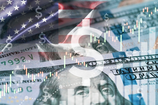 Billet en dollars américains et signe avec graphique boursier et drapeau des États-Unis d'Amérique pour l'économie financière et le concept d'investissement