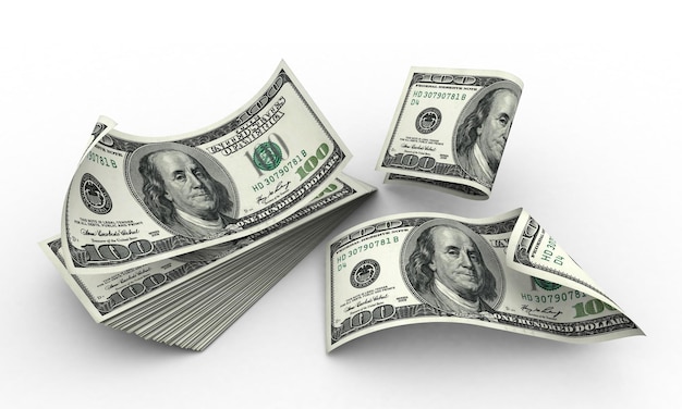 Photo billets d'argent 3d de 10 dolar, 20 et 20 dolars des états-unis sur fond blanc. l'argent de l'eua