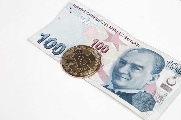 Billets de banque en lire turque et pièce de monnaie bitcoin