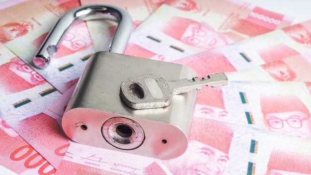 Billets de banque en roupie indonésienne en cent mille coupures avec concept de mise au point sélective de cadenas