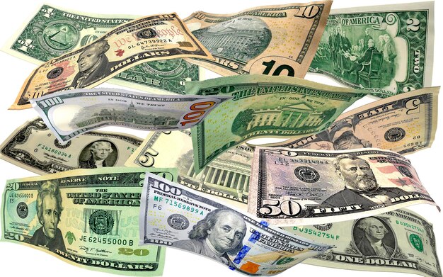 Billets d'un dollar de diverses dénominations volant de l'argent fond d'argent pour les banques