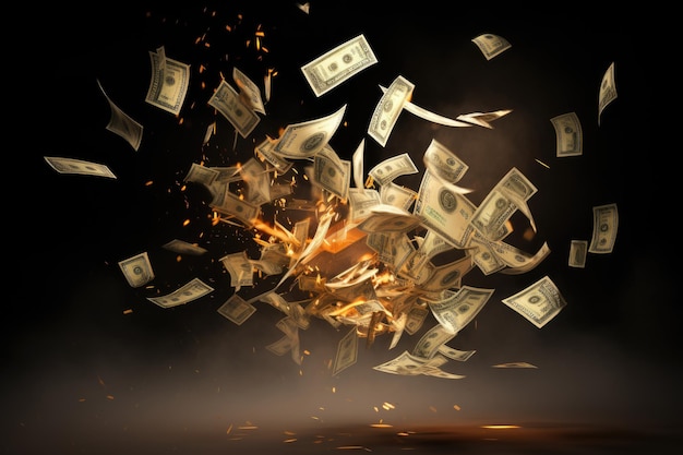 Des billets de dollar en flammes volant dans les airs rendu 3D Une illustration numérique abstraite d'un signe de dollar en chute générée par l'IA
