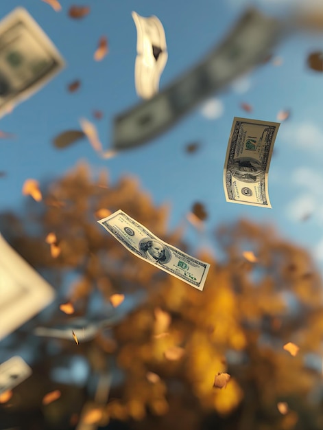 Les billets d'un dollar tombent du ciel Pluie d'argent Format vertical