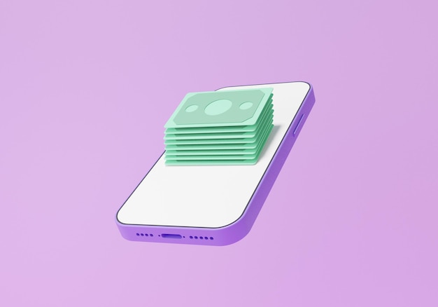 Billets de paiement en ligne du système flottant sur le concept de transaction de financement de fond violet sur smartphone transférer de l'argent via l'application Banque Internet dessin animé minimal illustration de rendu 3D