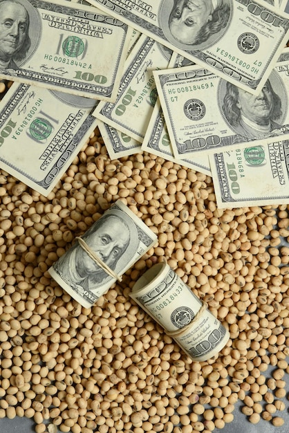 Billets et pièces en dollars et concept de valeur des produits oléagineux de soja