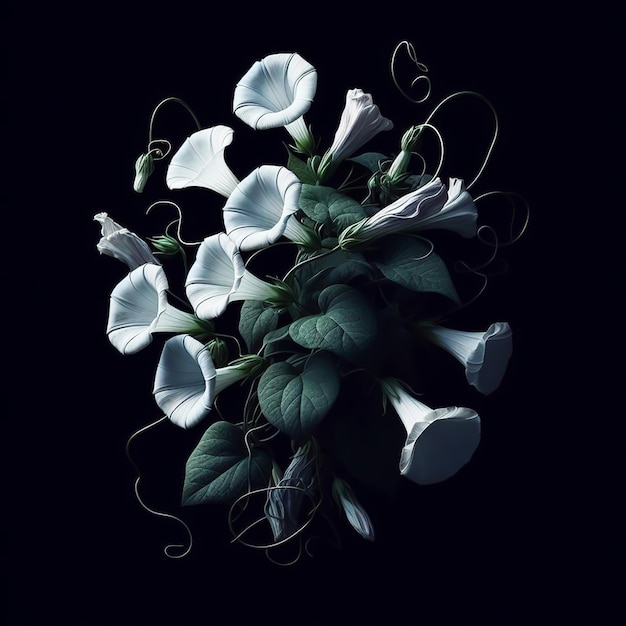 Bindweed isolé sur fond noir Fleurs et plantes au printemps générées par l'IA