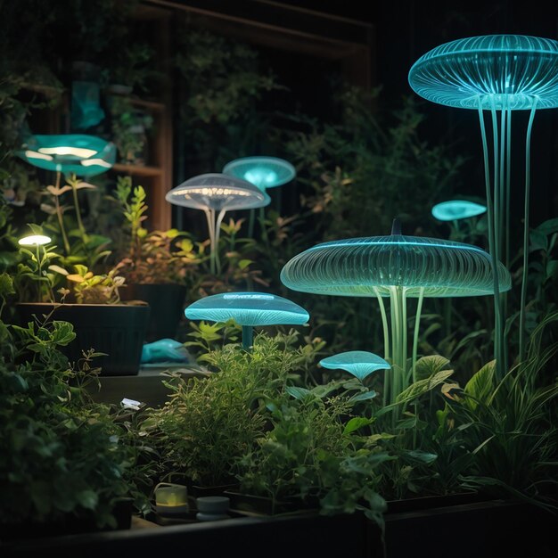 Photo bioluminate où la nature et la technologie convergent pour éclairer votre espace