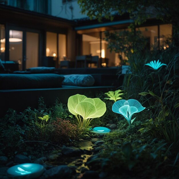 Photo bioluminate où la nature et la technologie convergent pour éclairer votre espace
