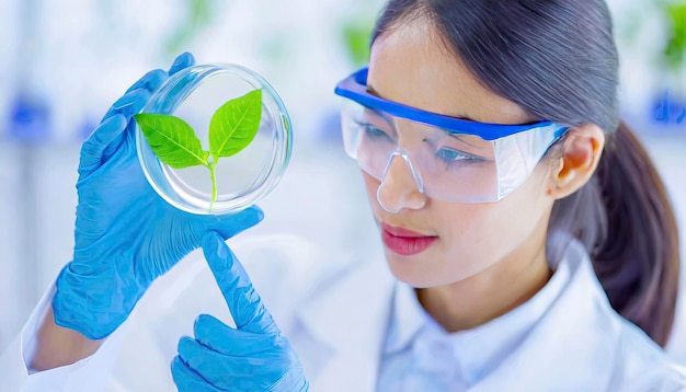 Biotechnologie dans l'agriculture Une scientifique effectue une expérience de biologie végétale avec des herbes biologiques respectueuses de l'environnement en laboratoire
