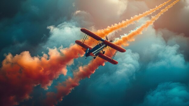 Un biplan vintage s'élève dans le ciel laissant derrière lui des nuages de fumée colorés.