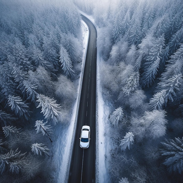 Birds Eye View d'une voiture sur route