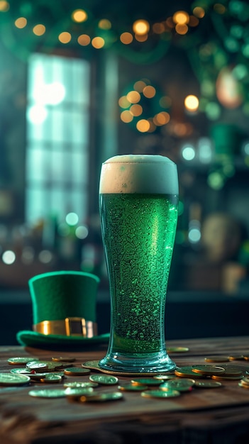 Bire verte dans un pub irlandais avec décor de la fête de Saint-Patrick chapeau vert et pièces d'or AI généré