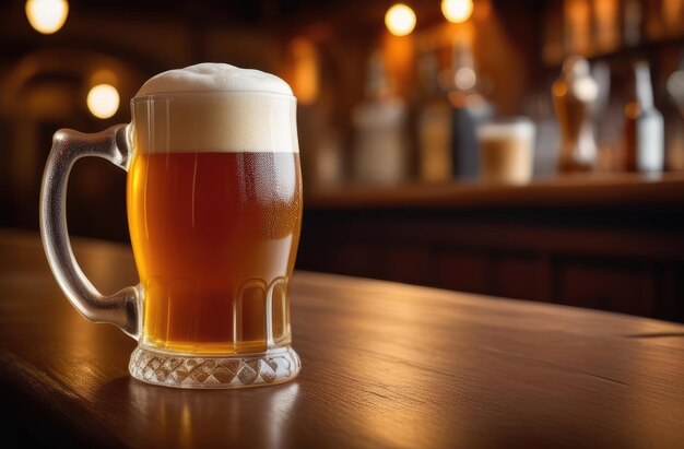 Birre ambre dans une tasse avec une tête mousseuse sur le comptoir du bar avec des bouteilles de copyspace et des verres en arrière-plan