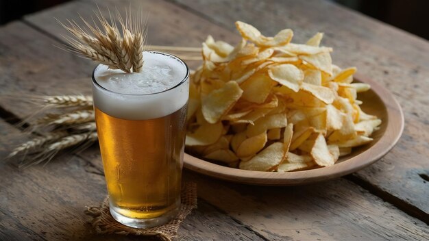 Birre dans un verre avec des chips d'oreilles de blé vue latérale sur une table en bois