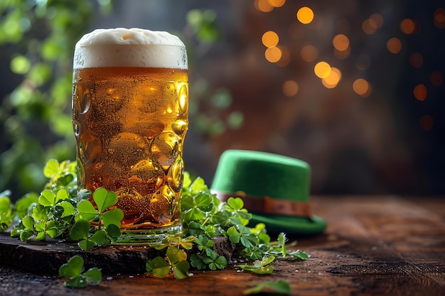 Birre fraîche et chapeau vert avec trèfle chanceux avec espace de copie carte de la journée de Saint-Patrick