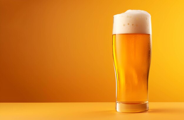 Birre froide dans un verre avec de la mousse blanche sur un fond jaune place pour le texte ai génération