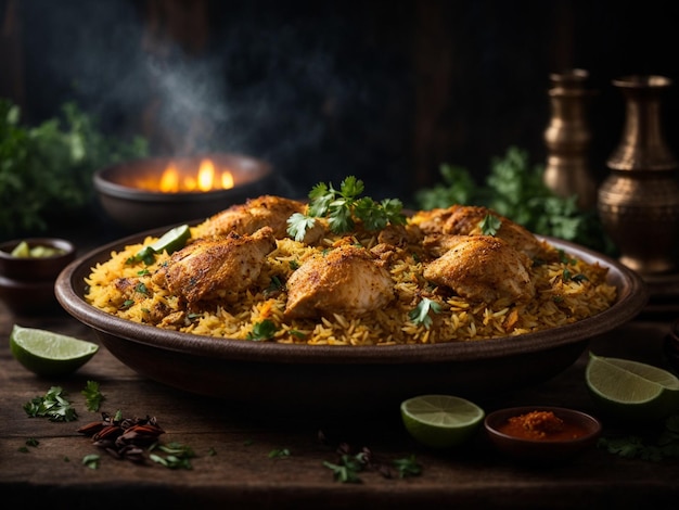 Photo biryani au poulet avec un bol de riz et un bol de nourriture sur la table