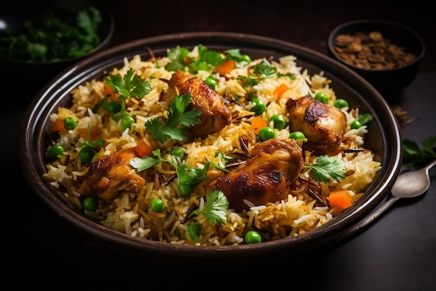 Photo biryani au poulet avec du riz basmati cuit à la vapeur