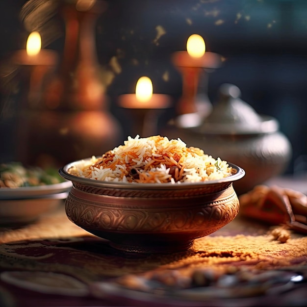 Biryani dans un bol décoré traditionnel