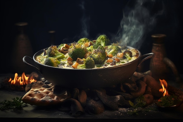 Biryani avec des fleurs de brocoli carbonisées